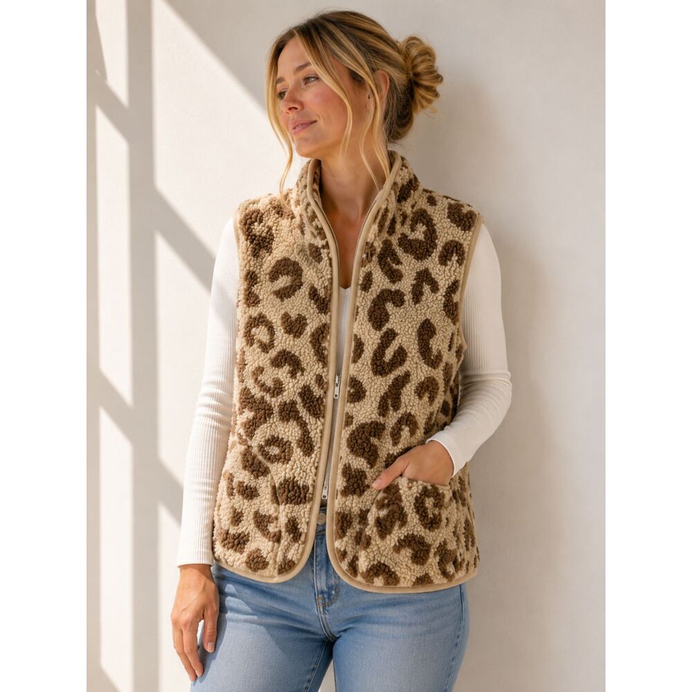 Free Style! Leopard Print Sherpa Fleece Vest Women's Medium Brown Beige Full Zip